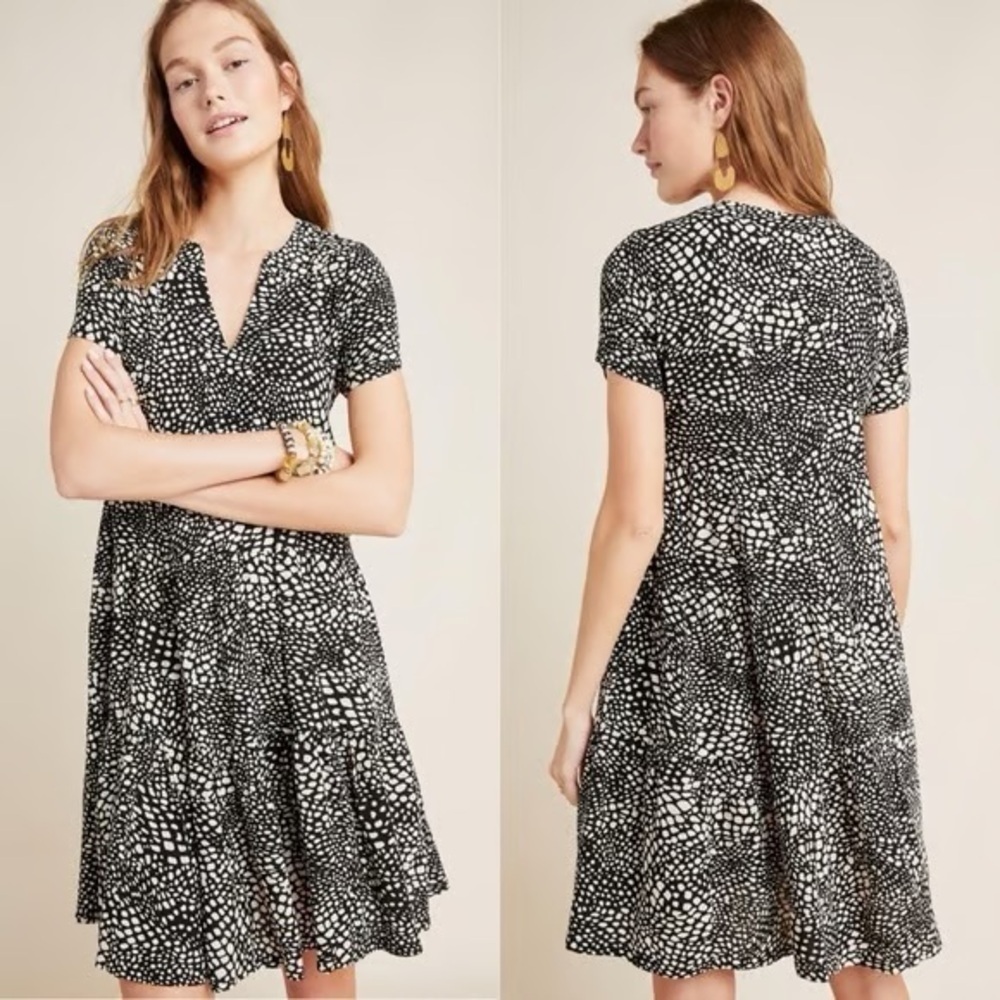 Anthropologie Maeve Women’s Sacha Tiered Tunic Dress in Black & White Dots S